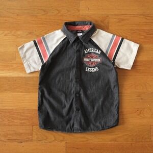 Harley Davidson Shirt Kids Black Cream Graphic American Legend Size 8/10 Biker